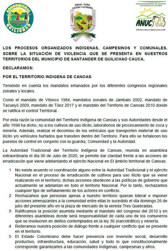 Comunicado Organizaciones Sociales sobre enfretamientos entre fuerza pública y comunidad en Quilichao Comunicado Organizaciones Sociales sobre enfretamientos entre fuerza pública y comunidad en Quilichao