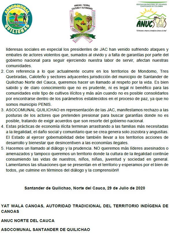 Comunicado Organizaciones Sociales sobre enfretamientos entre fuerza pública y comunidad en Quilichao Comunicado Organizaciones Sociales sobre enfretamientos entre fuerza pública y comunidad en Quilichao