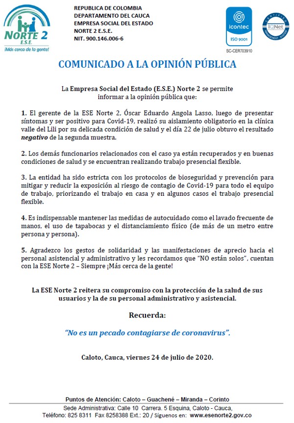 Comunicado a la Opinión Pública de la ESE Norte 2 sobre recuperación del gerente Óscar Angola