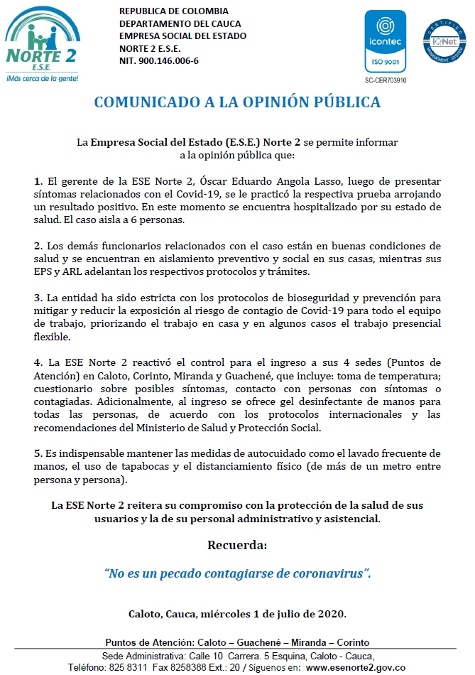 Comunicado a la opinión pública de la ESE Norte 2 - 1 de julio de 2020