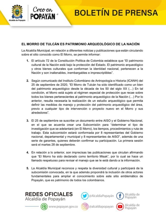 Boletín de Prensa - Alcaldía de Popayán - Morro de Tulcán Boletín de Prensa - Alcaldía de Popayán - Morro de Tulcán