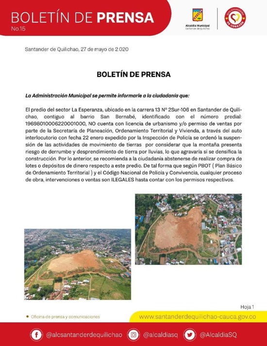 Boletín de Prensa Alcaldía de Santander de Quilichao sobre la Loma de Santa Inés