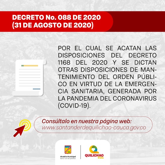 Decreto No. 088 de 2020 - 31 de agosto de 2020 - Santander de Quilichao Decreto No. 088 de 2020 - 31 de agosto de 2020 - Santander de Quilichao