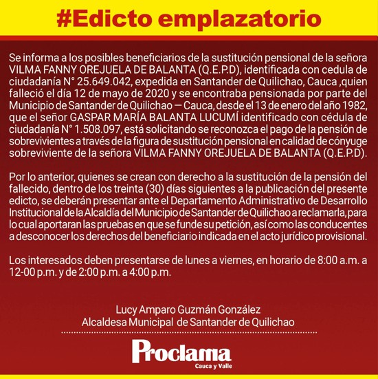 Edicto Emplazatorio - Fallecimiento de Vilma Fanny Orejuela de Balanta Edicto Emplazatorio - Fallecimiento de Vilma Fanny Orejuela de Balanta