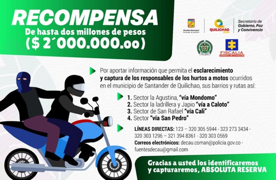 Ofrecen recompensa en Quilichao para capturar ladrones de motos