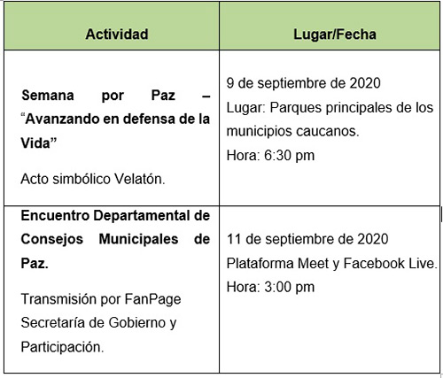 Del 7 al 12 de septiembre Cauca conmemora la Semana por la Paz: “Avanzando en defensa de la Vida” Del 7 al 12 de septiembre Cauca conmemora la Semana por la Paz: “Avanzando en defensa de la Vida”