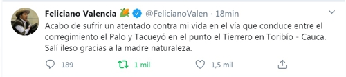 Feliciano Valencia denunció atentado contra su vida Feliciano Valencia denunció atentado contra su vida