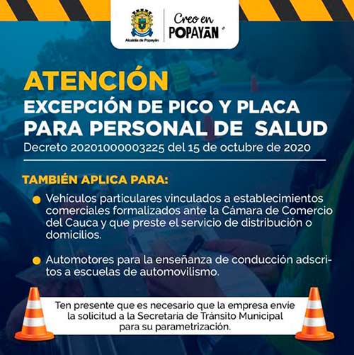 Estas son las exenciones que tendrá el Pico y Placa en Popayán