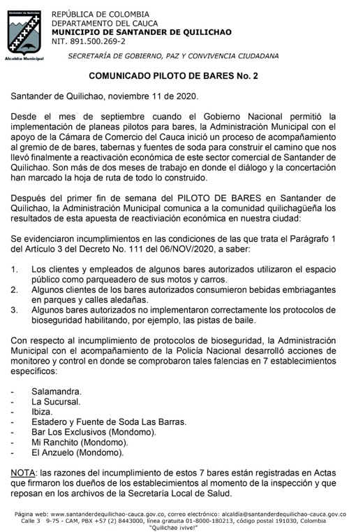 Comunicado sobre cumplimiento del Piloto de Bares en Santander de Quilichao