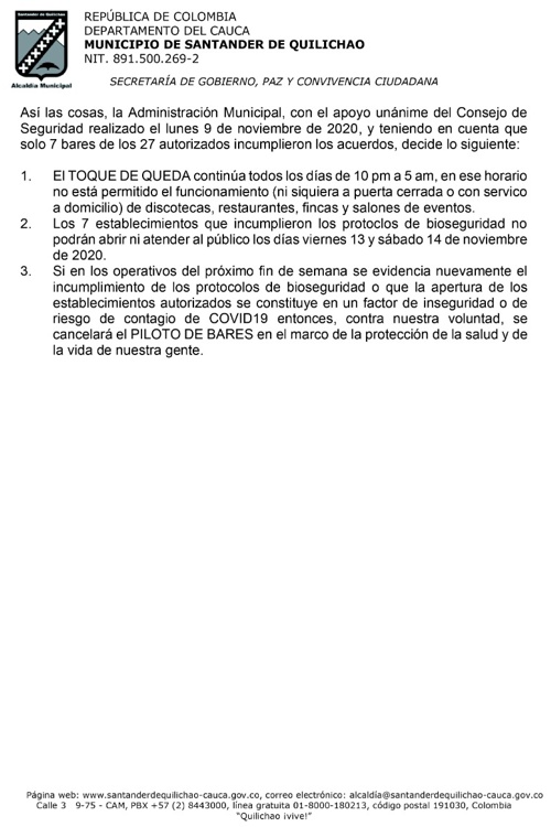 Comunicado sobre cumplimiento del Piloto de Bares en Santander de Quilichao
