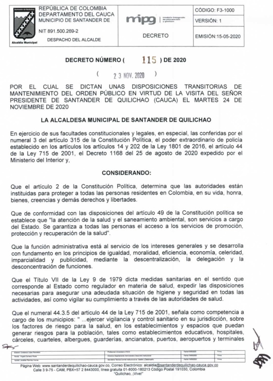 Decreto No. 115 del 23 de noviembre del 2020 - Alcaldía Santander de Quilichao