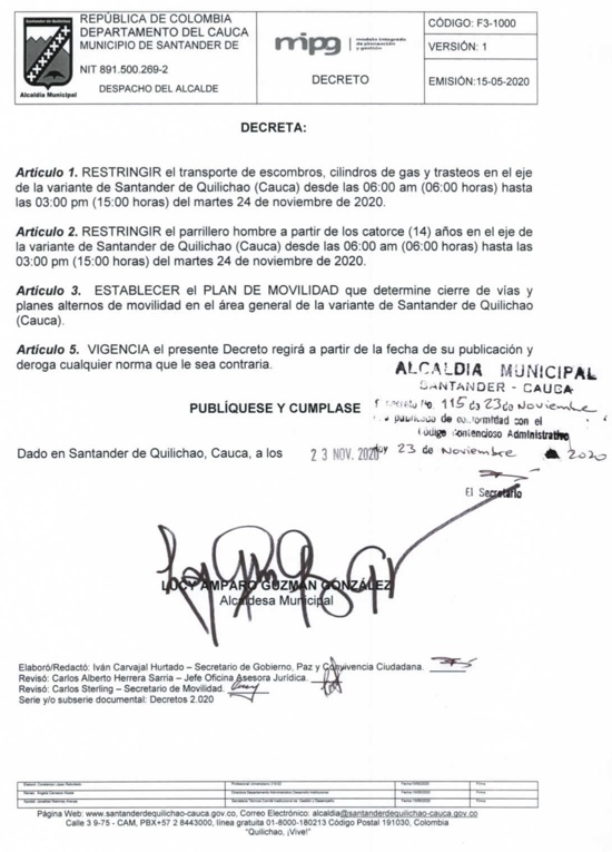 Decreto No. 115 del 23 de noviembre del 2020 - Alcaldía Santander de Quilichao