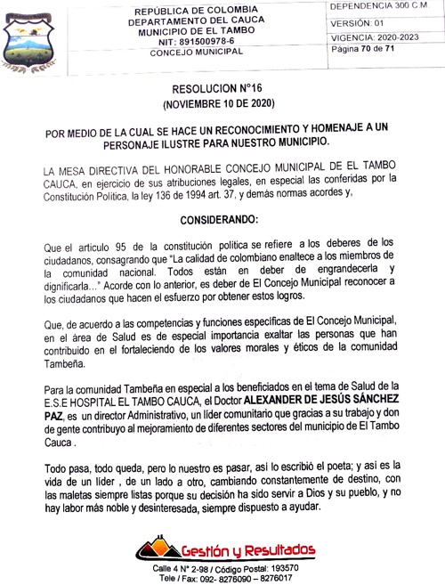 Gerente de la ESE Suroccidente recibió reconocimiento del Concejo de El Tambo. Gerente de la ESE Suroccidente recibió reconocimiento del Concejo de El Tambo.