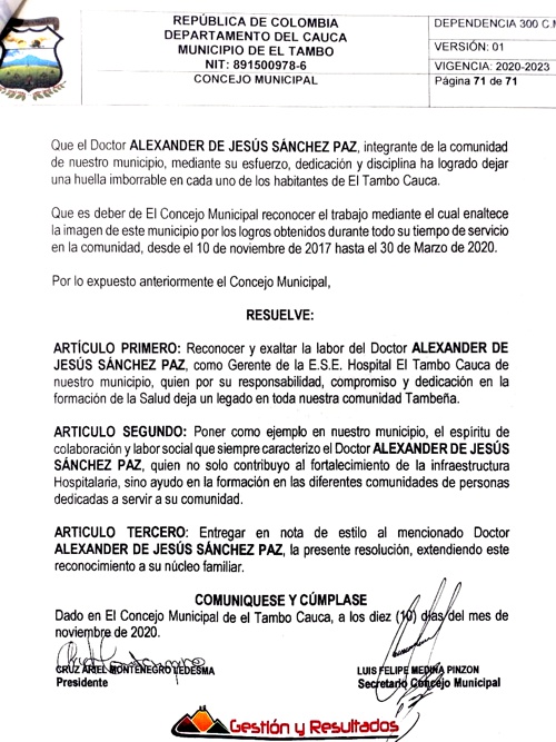 Gerente de la ESE Suroccidente recibió reconocimiento del Concejo de El Tambo. Gerente de la ESE Suroccidente recibió reconocimiento del Concejo de El Tambo.