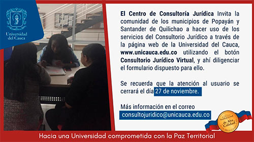 Última semana para servicio virtual de consultoría jurídica a comunidades de Popayán y Santander de Quilichao Última semana para servicio virtual de consultoría jurídica a comunidades de Popayán y Santander de Quilichao