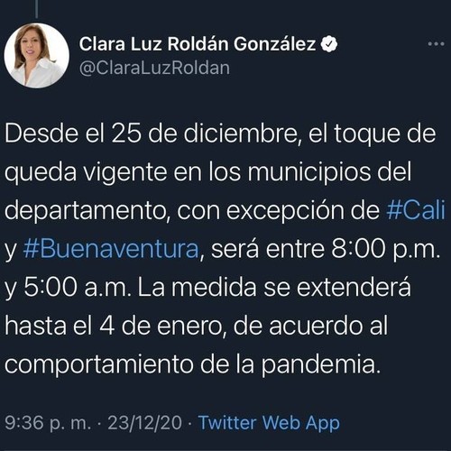 Ampliación del toque de queda en el departamento del Valle