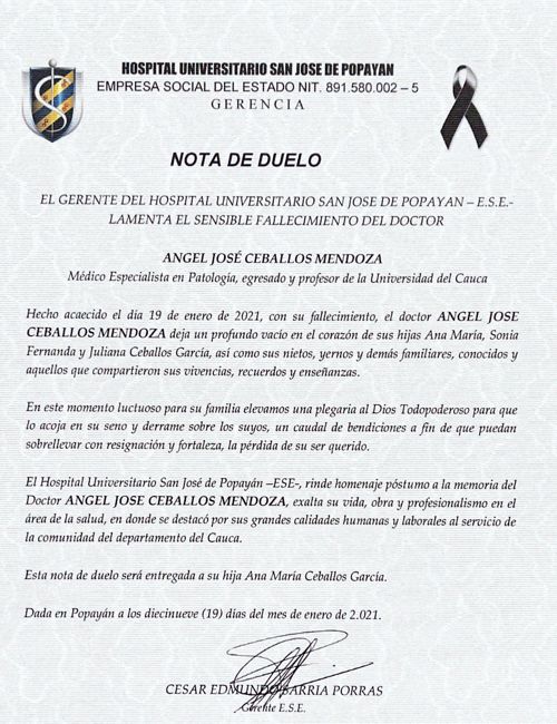 Cauca lamentó fallecimiento del médico Ceballos Mendoza