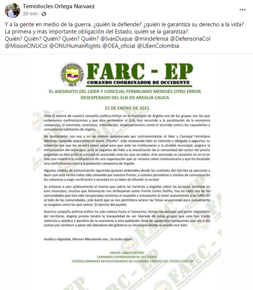 FARC culpa al ELN por asesinato de concejal en Argelia