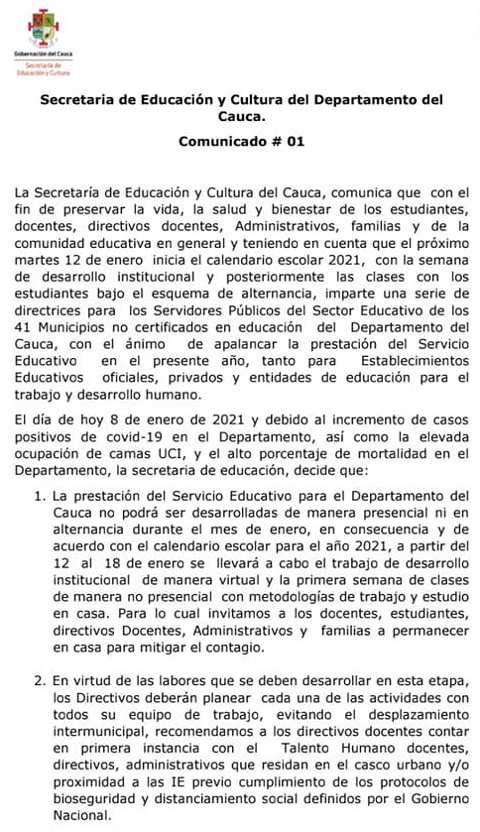 No habrá clases presenciales en instituciones educativas del Cauca No habrá clases presenciales en instituciones educativas del Cauca