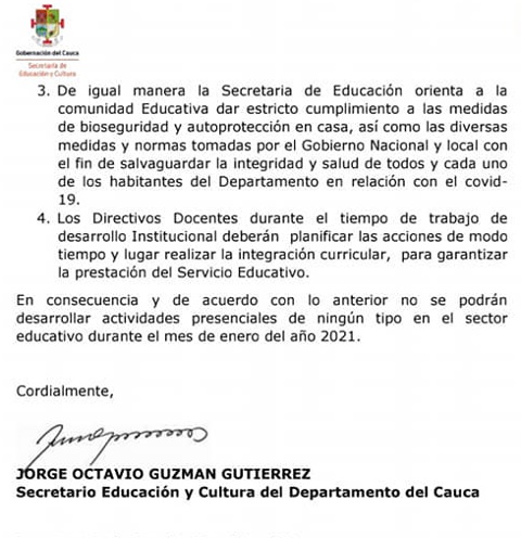 No habrá clases presenciales en instituciones educativas del Cauca No habrá clases presenciales en instituciones educativas del Cauca