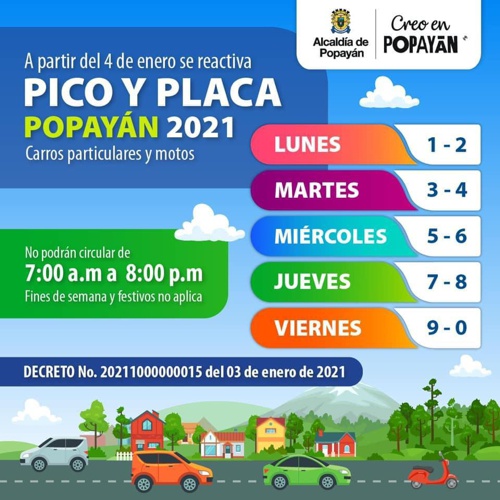 Conozca el nuevo Pico y Placa para Popayán en 2021