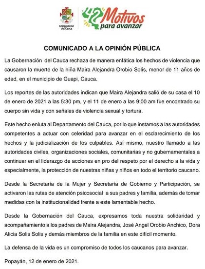 Rechazan enfáticamente violación y asesinato de niña en Guapi - Comunicado Gobernación del Cauca