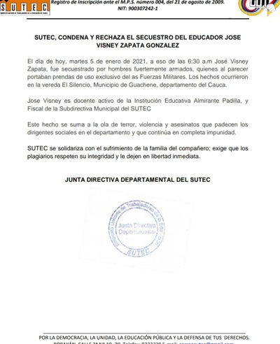 Secuestrado docente en Guachené