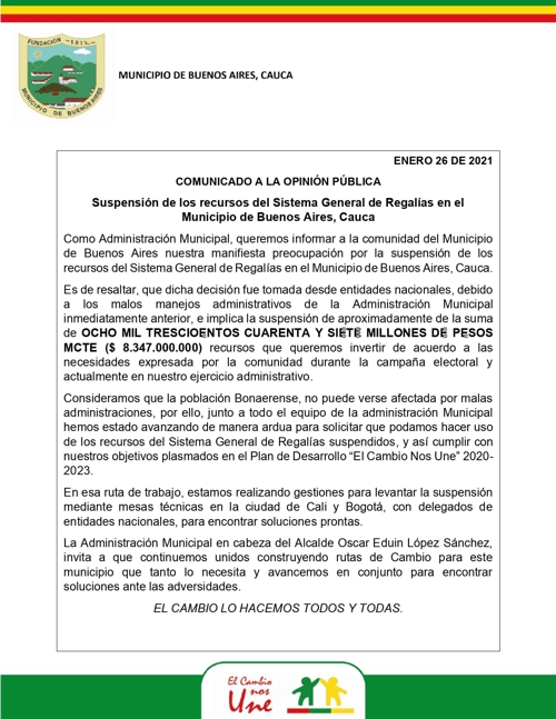 Suspenden recursos de regalías al municipio de Buenos Aires, Cauca Suspenden recursos de regalías al municipio de Buenos Aires, Cauca