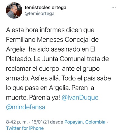 Temístocles Ortega lamentó el asesinato de concejal en Argelia