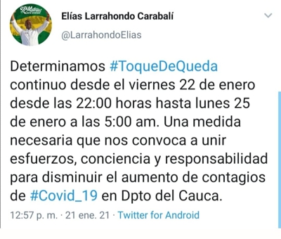 Con el Toque de Queda se pretende proteger la vida de los caucanos
