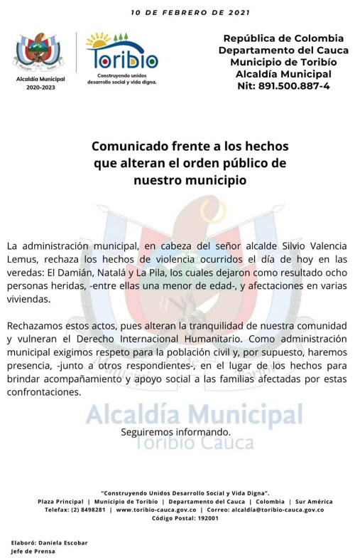 Ocho heridos por fuertes combates entre grupos armados en Toribío Ocho heridos por fuertes combates entre grupos armados en Toribío