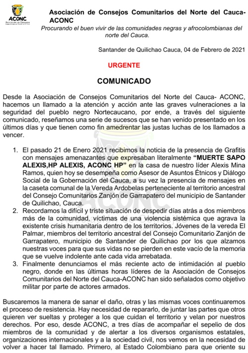Líderes del norte del Cauca denuncian nuevamente amenazas de muerte - Comunicado ACONC Líderes del norte del Cauca denuncian nuevamente amenazas de muerte - Comunicado ACONC