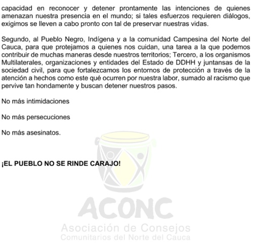 Líderes del norte del Cauca denuncian nuevamente amenazas de muerte - Comunicado ACONC Líderes del norte del Cauca denuncian nuevamente amenazas de muerte - Comunicado ACONC