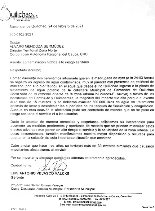 Carta de Emquilichao a la CRC por aguas contaminadas por marraneras
