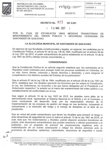 Decreto 027 del 26 de marzo de 2021 - Santander de Quilichao Decreto 027 del 26 de marzo de 2021 - Santander de Quilichao