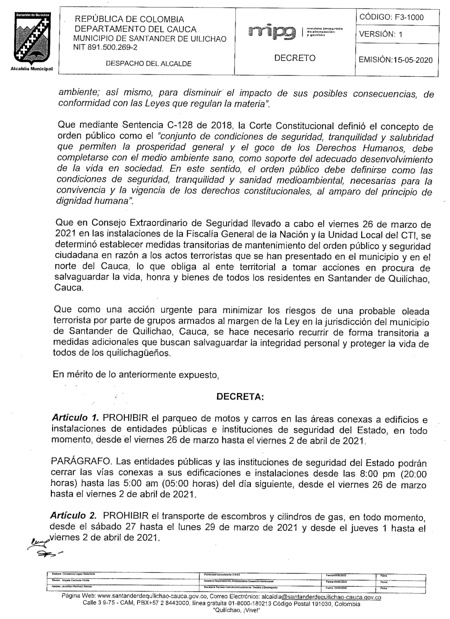 Decreto 027 del 26 de marzo de 2021 - Santander de Quilichao Decreto 027 del 26 de marzo de 2021 - Santander de Quilichao