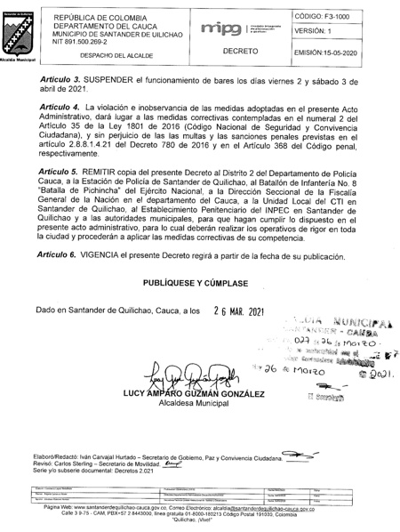 Decreto 027 del 26 de marzo de 2021 - Santander de Quilichao Decreto 027 del 26 de marzo de 2021 - Santander de Quilichao