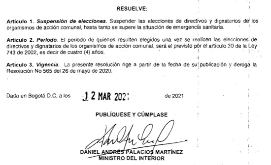 Suspendidas elecciones de Juntas de Acción Comunal en Colombia