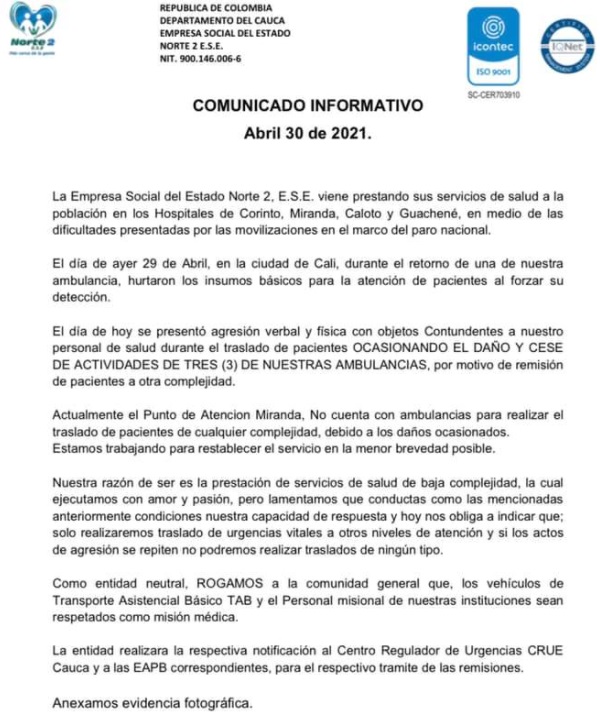 Comunicado de la ESE Norte 2 sobre el ataque hacia sus ambulancias