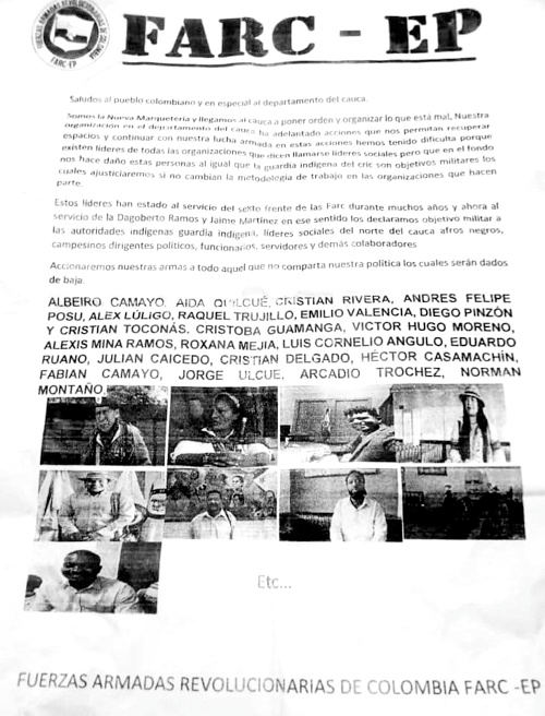 Declaran objetivo militar a líderes sociales y guardia indígena del norte del Cauca