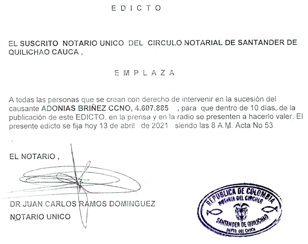 Edicto fallecimiento Adonias Briñez