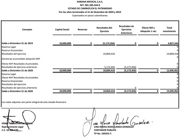 Estado de Cambios en el Patrimonio Habana Medical SAS - 2020 y 2019
