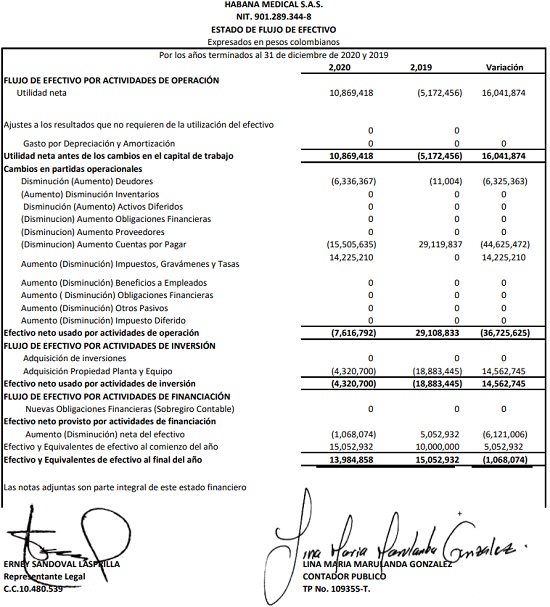 Estado de Flujo de Efectivo Habana Medical SAS - 2020 y 2019