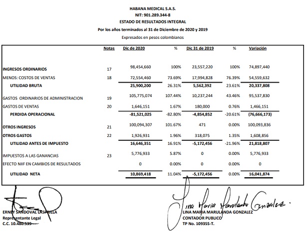 Estado de Resultados Integral Habana Medical SAS 2020 - 2019