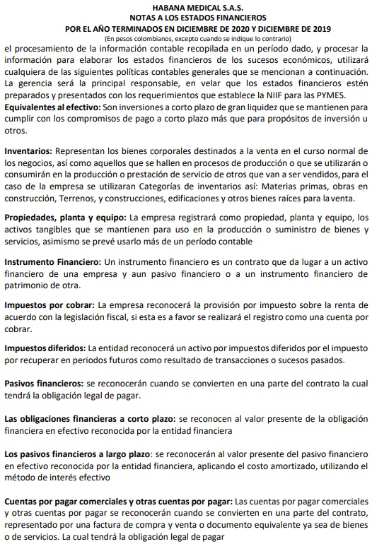 Notas a los Estados Financieros Habana Medical SAS