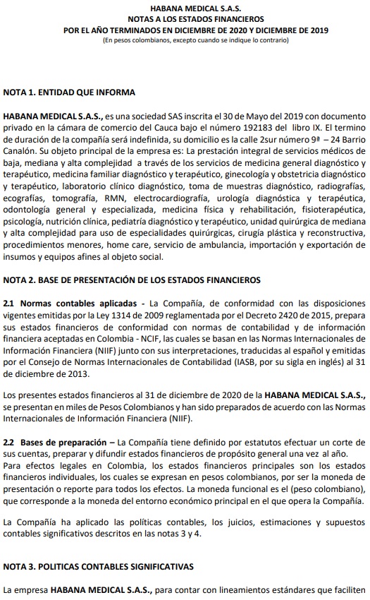Notas a los Estados Financieros Habana Medical SAS