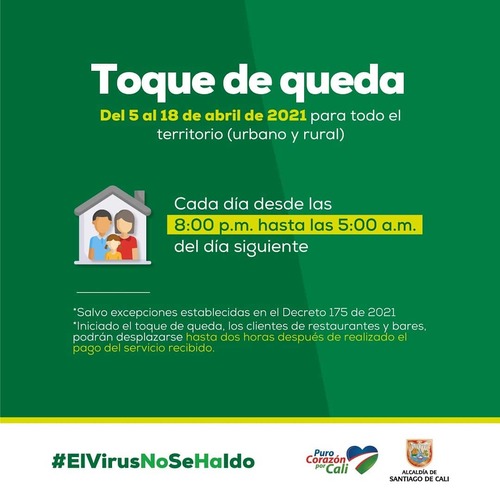 Toque de queda de 8:00 p.m. a 5:00 a.m. en Santiago de Cali