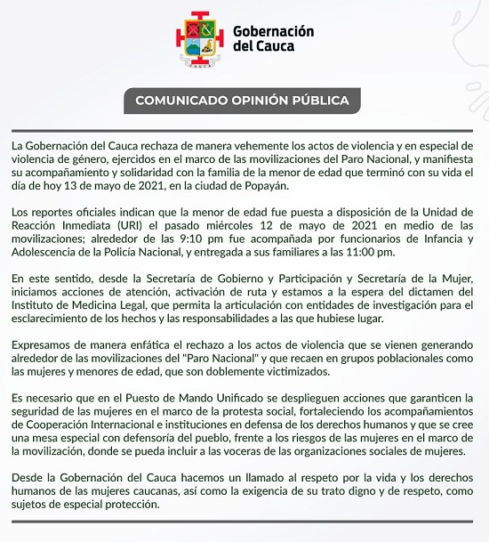 Gobernación del departamento del Cauca expidió un comunicado a la opinión pública Gobernación del departamento del Cauca expidió un comunicado a la opinión pública