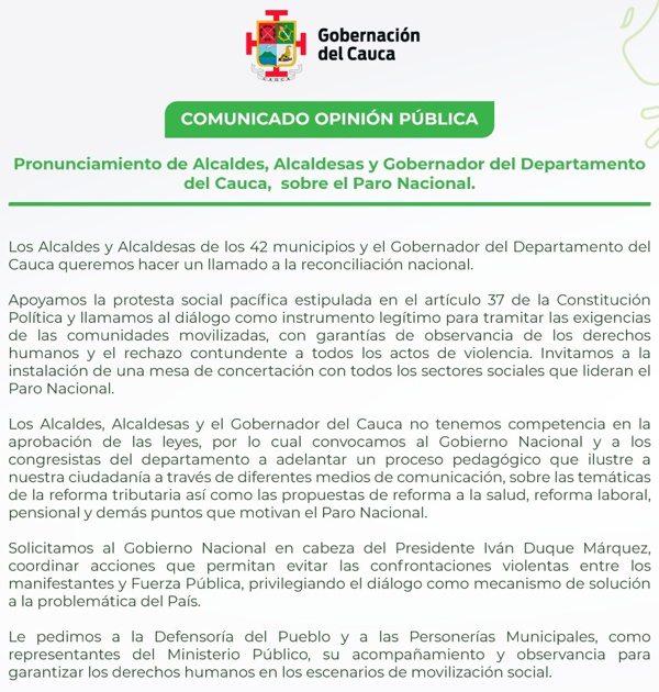 Comunicado de alcaldes y gobernador del Cauca sobre el paro nacional Comunicado de alcaldes y gobernador del Cauca sobre el paro nacional