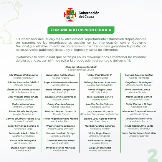 Comunicado de alcaldes y gobernador del Cauca sobre el paro nacional